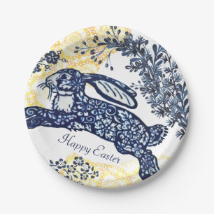 Assiettes En Carton Bonne Pâques Bleu Blanc Jaune Rabbit Chinoiserie