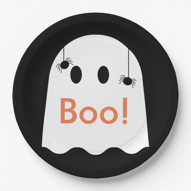 Assiettes En Carton Boo ! Plaque en papier noir Halloween Ghost Cute (Devant)