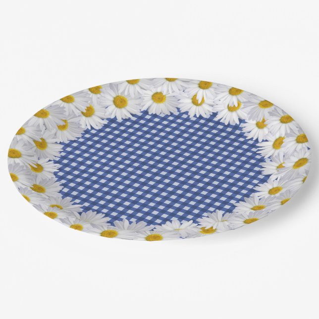 Assiettes En Carton Bordure Bleue Sur En vichy (Angle)