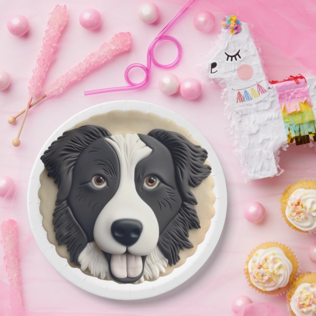 Assiettes En Carton Bordure Collie Chien 3D inspiré (Fête)