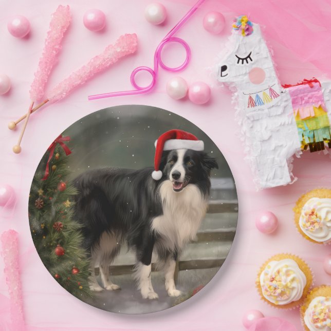 Assiettes En Carton Bordure Collie Chien dans neige Noël (Fête)
