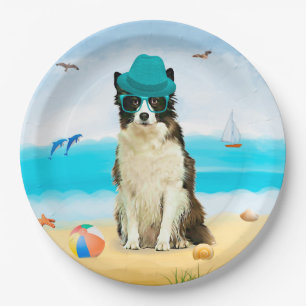 Assiettes En Carton Bordure Collie Dog sur la plage