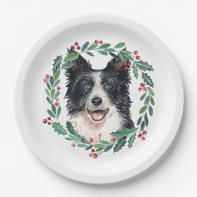 Assiettes En Carton Bordure Collie Elegant Chien Noël Papier de Noël (Devant)