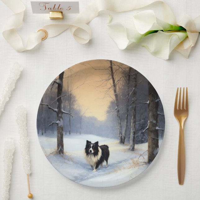 Assiettes En Carton Bordure Collie Laisser neiger Noël (Mariage)