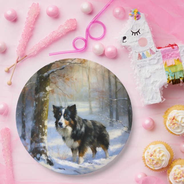 Assiettes En Carton Bordure Collie Laisser neiger Noël (Fête)