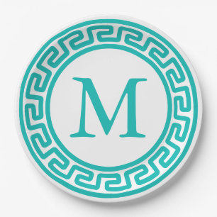 Assiettes En Carton Bordure Monogramme Clé Grecque Rond Turquoise