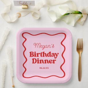 Assiettes En Carton Bordure rose rouge vague Anniversaire Dîner