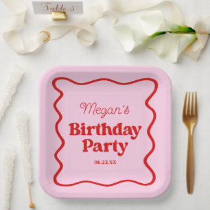 Assiettes En Carton Bordure rouge rose vague fête d'anniversaire