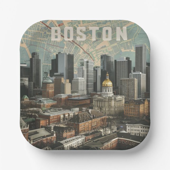 Assiettes En Carton Boston, Boston Massachusetts City Skyline avec car (Recto)
