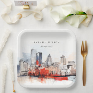Assiettes En Carton Boston Massachusetts City Scape Mariage d'aquarell
