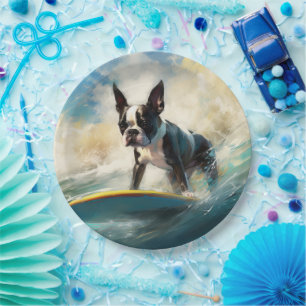 Assiettes En Carton Boston Terrier Beach Surfing Peinture