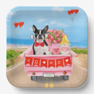 Assiettes En Carton Boston Terrier Chien Valentine's Day Truck Hearts