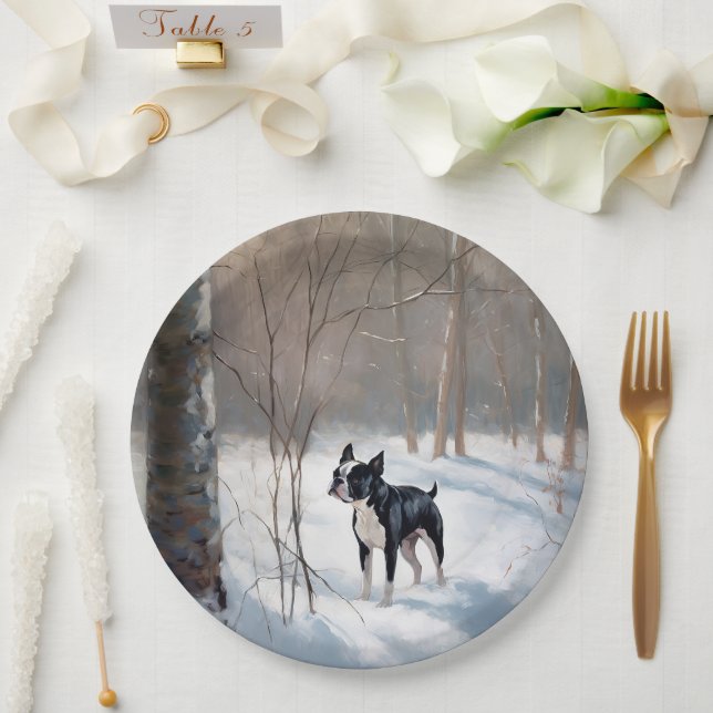 Assiettes En Carton Boston Terrier Laisser neiger Noël (Mariage)