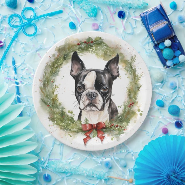 Assiettes En Carton Boston Terrier Noël Wreath Festive Pup (Fête)