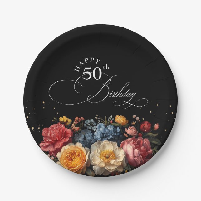 Assiettes En Carton Botanique Floral Noir Joyeux Anniversaire (Devant)