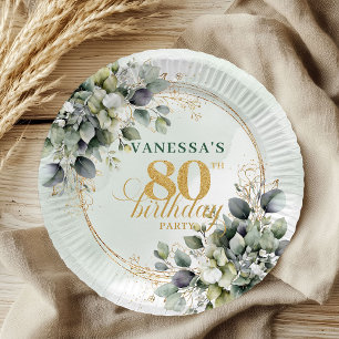 Assiettes En Carton Botanique Vert Or Eucalyptus 80e Anniversaire