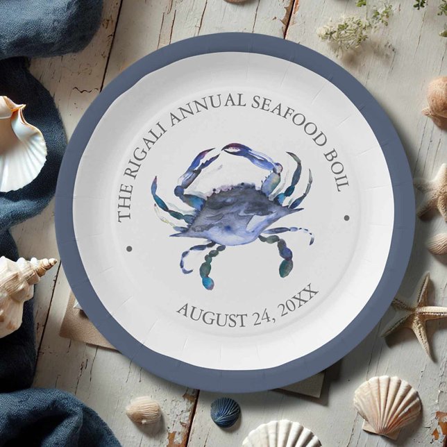 Assiettes En Carton Bouche de crabe traditionnel du Sud (Blue crab party theme paper plates for a low country boil watercolor by Victoria Grigaliunas)