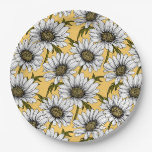 Assiettes En Carton Bouches blanches, fleurs sauvages sur jaune