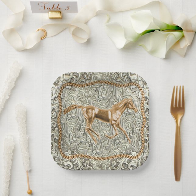 Assiettes En Carton Boucle de ceinture Western Gold Horse (Mariage)