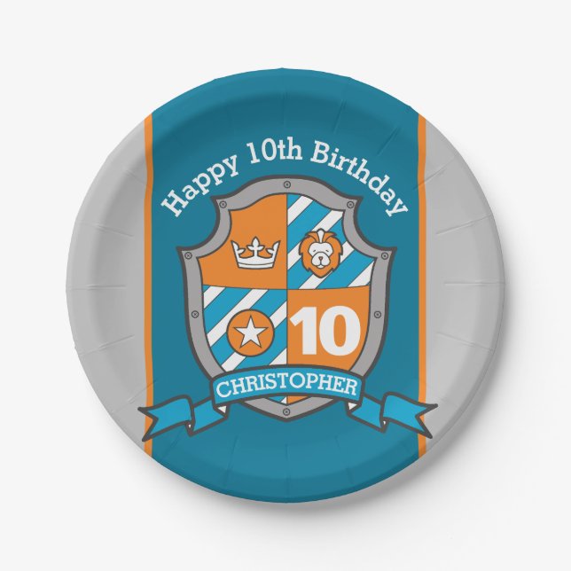 Assiettes En Carton Bouclier Chevalier 10e anniversaire plaque personn (Devant)