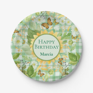 Assiettes En Carton Bouillon de tournesol En vichy vert d'anniversaire