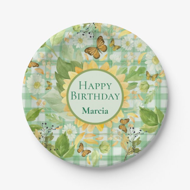 Assiettes En Carton Bouillon de tournesol En vichy vert d'anniversaire (Devant)
