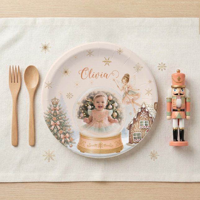 Assiettes En Carton Boule à neige photo de Casse-Noisette personnalisé (Custom Nutcracker Photo Snow Globe 1st Birthday Paper Plate)