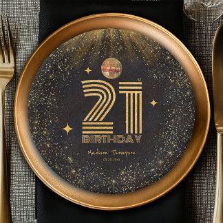 Assiettes En Carton Boule de disco pailletée or noir pour fête d'anniv