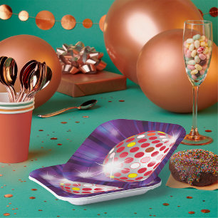 Assiettes En Carton Boule disco rétro années 70 Rouge vibrant