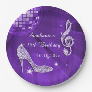 Assiettes En Carton Boule disco violette et talons 19e anniversaire