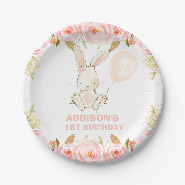 Assiettes En Carton Boulon rose or floral 1er anniversaire (Devant)