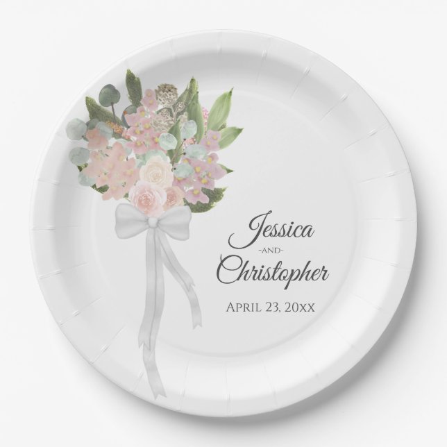 Assiettes En Carton Bouquet d'aquarelle rose simple Mariage (Devant)