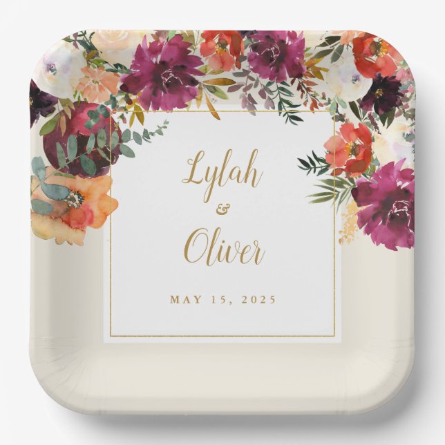 Assiettes En Carton Bouquet d'automne sauvage | Mariage personnalisé (Recto)