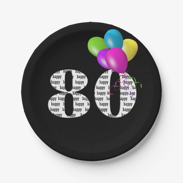 Assiettes En Carton Bouquet de ballon 80e anniversaire (Devant)