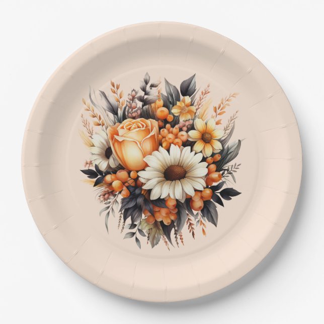 Assiettes En Carton Bouquet de fleurs gris-jaune orange (Devant)
