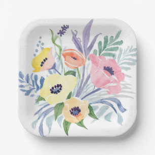 Assiettes En Carton Bouquet de fleurs printanières Aquarelle florale