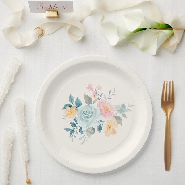 Assiettes En Carton Bouquet de fleurs rose et bleu élégant (Mariage)