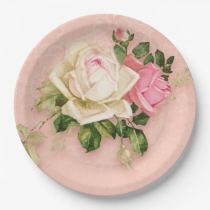 Assiettes En Carton Bouquet de roses roses et blanches