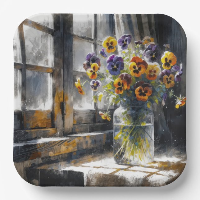 Assiettes En Carton Bouquet de sansy dans une fenêtre impressionnisme (Recto)