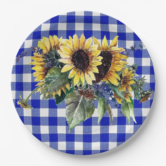 Assiettes En Carton Bouquet de tournesol sur En vichy bleu (Devant)