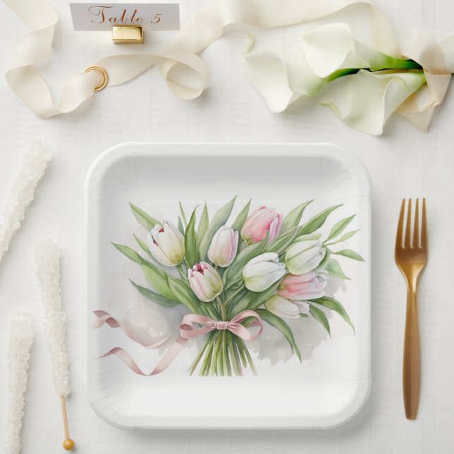 Assiettes En Carton Bouquet de tulipe rose et blanc (Mariage)