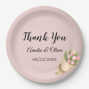 Assiettes En Carton Bouquet de tulipes roses élégantes pour mariage