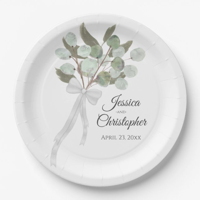 Assiettes En Carton Bouquet Eucalyptus & Verdure Mariage aquarelle (Devant)