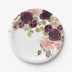 Assiettes En Carton Bouquet floral Bourgogne et bleu