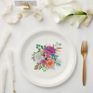Assiettes En Carton Bouquet floral rose, orange et blanc