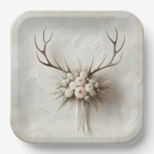 Assiettes En Carton Bouquet mariage et Antlers de cerfs (Recto)