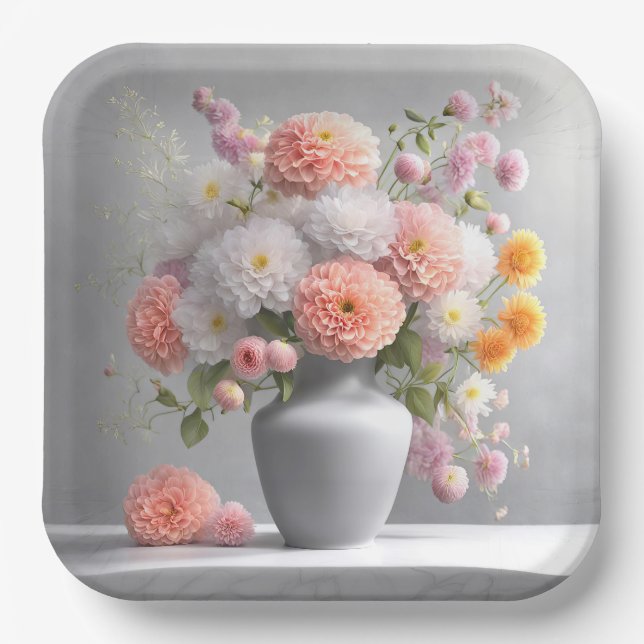Assiettes En Carton Bouquet Peach and White Dahlia (Recto)