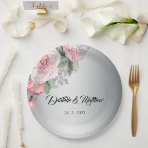 Assiettes En Carton Bouquet rose floral et Mariage argenté