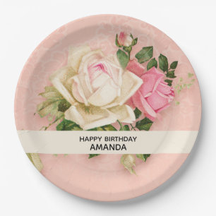 Assiettes En Carton Bouquet Rose & Rose Blanc Anniversaire