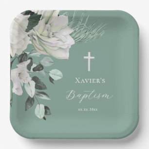 Assiettes En Carton bouquet vert blanc Baptême